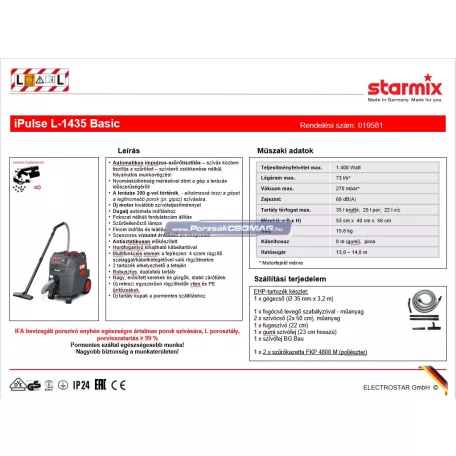 Ipari porszívó Starmix iPulse L-1435 Basic